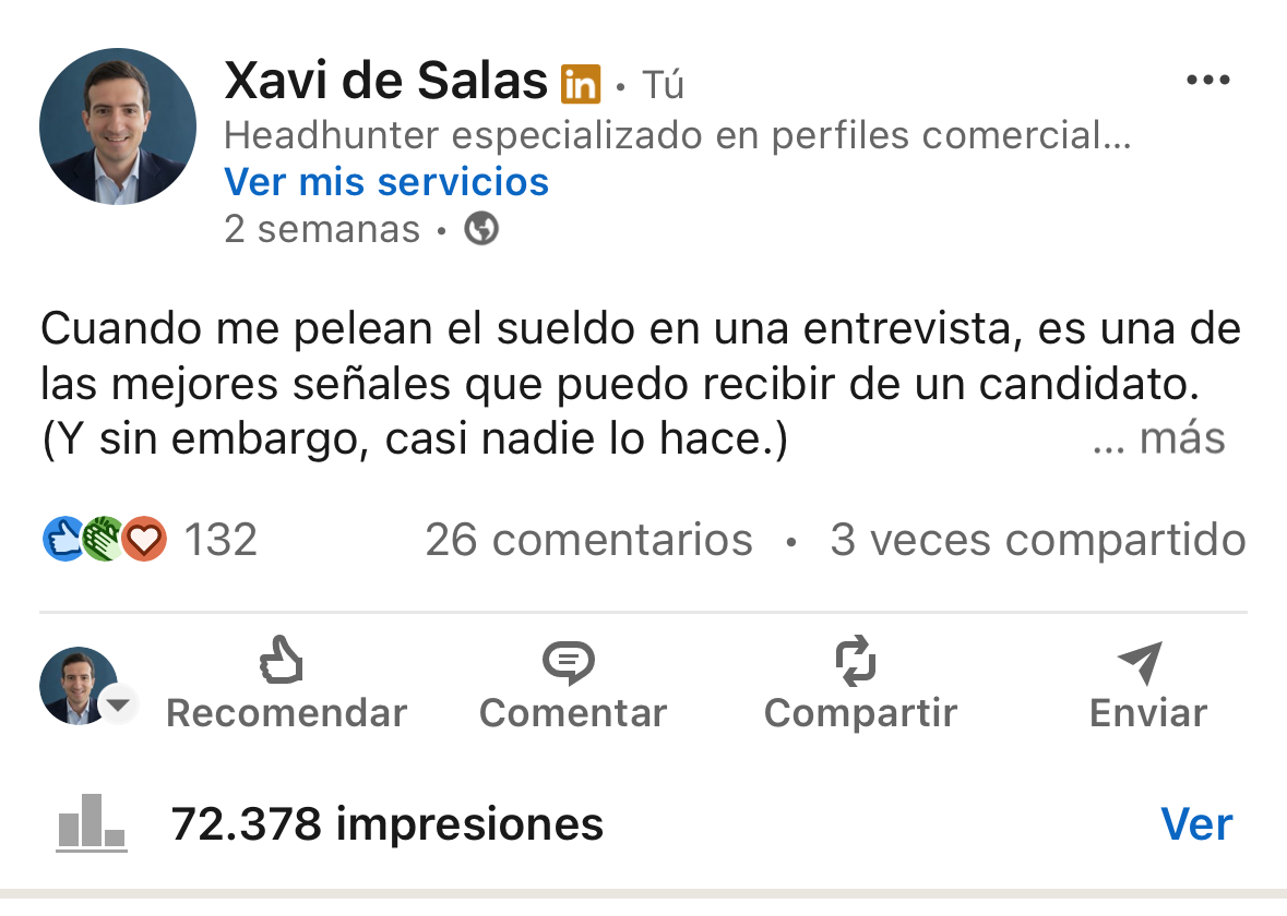 Post de LinkedIn de Xavi de Salas con 72.378 impresiones